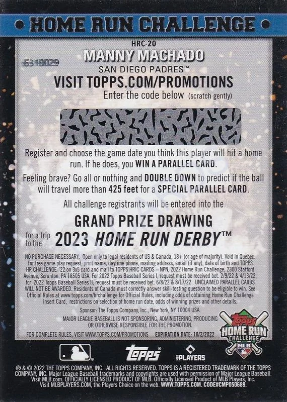 2022 Topps Home Run Challenge Code Cards #HRC20 Manny Machado