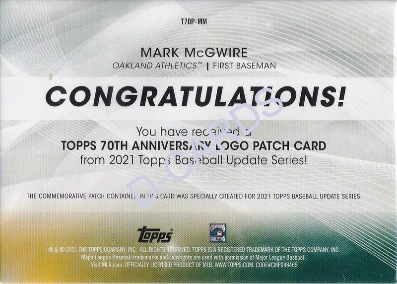 2021 Topps Update 70th Anniversary Logo Patches #T70PMM Mark McGwire