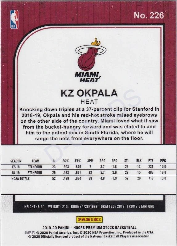 2019-20 Hoops Premium Stock #226 KZ Okpala RC