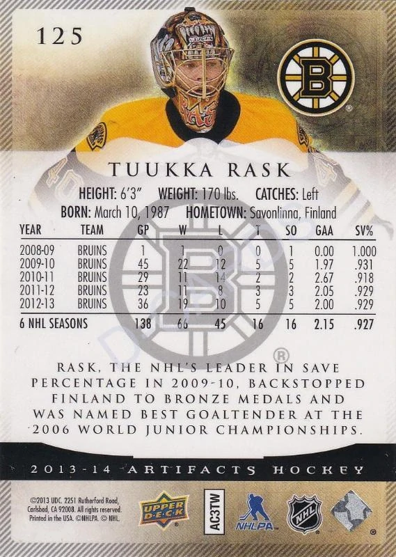2013-14 Artifacts #125 Tuukka Rask (Limit 890/999)