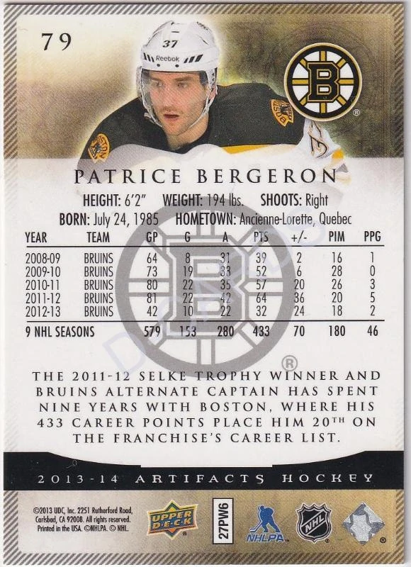 2013-14 Artifacts Ruby #79 Patrice Bergeron (Limit 293/399)