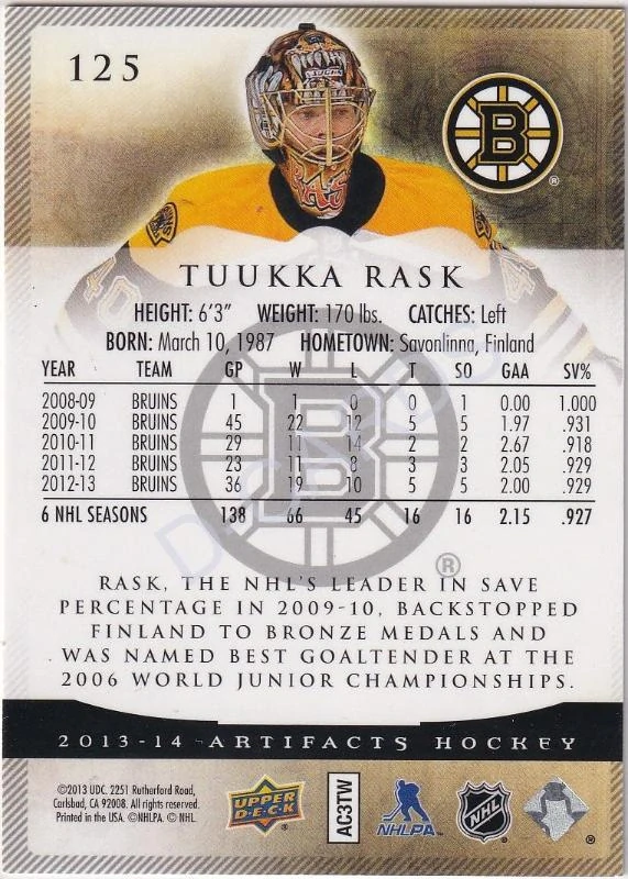 2013-14 Artifacts Ruby #125 Tuukka Rask (Limit 172/399)