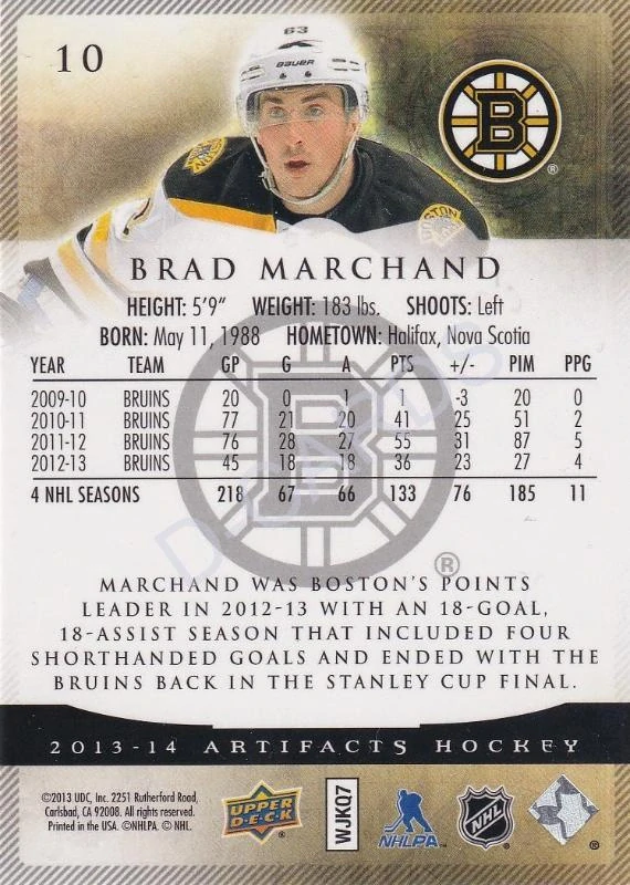 2013-14 Artifacts Emerald #10 Brad Marchand (Limit 95/99)