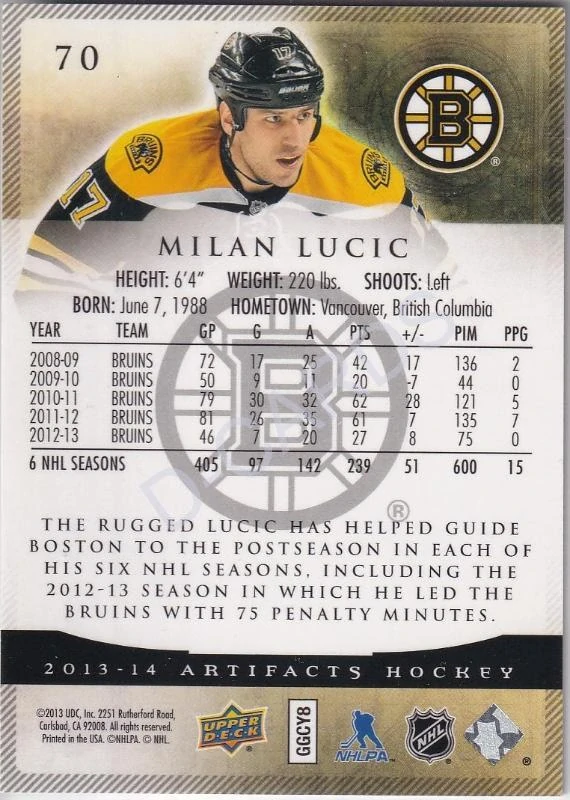 2013-14 Artifacts Emerald #70 Milan Lucic (Limit 65/99)