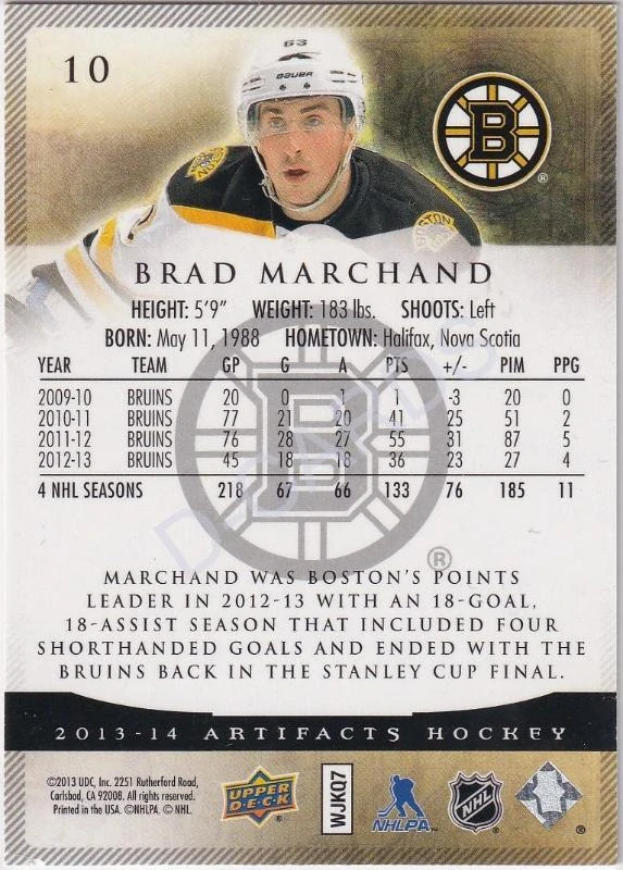 2013-14 Artifacts Sapphire #10 Brad Marchand (Limit 43/85)