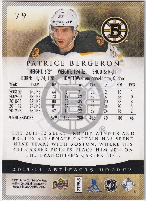 2013-14 Artifacts Sapphire #79 Patrice Bergeron (Limit 13/85)