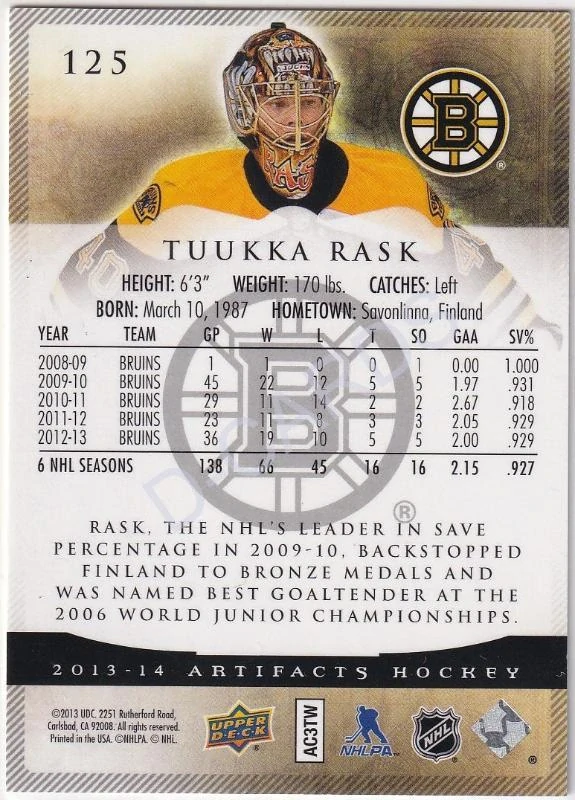 2013-14 Artifacts Sapphire #125 Tuukka Rask (Limit 41/85)