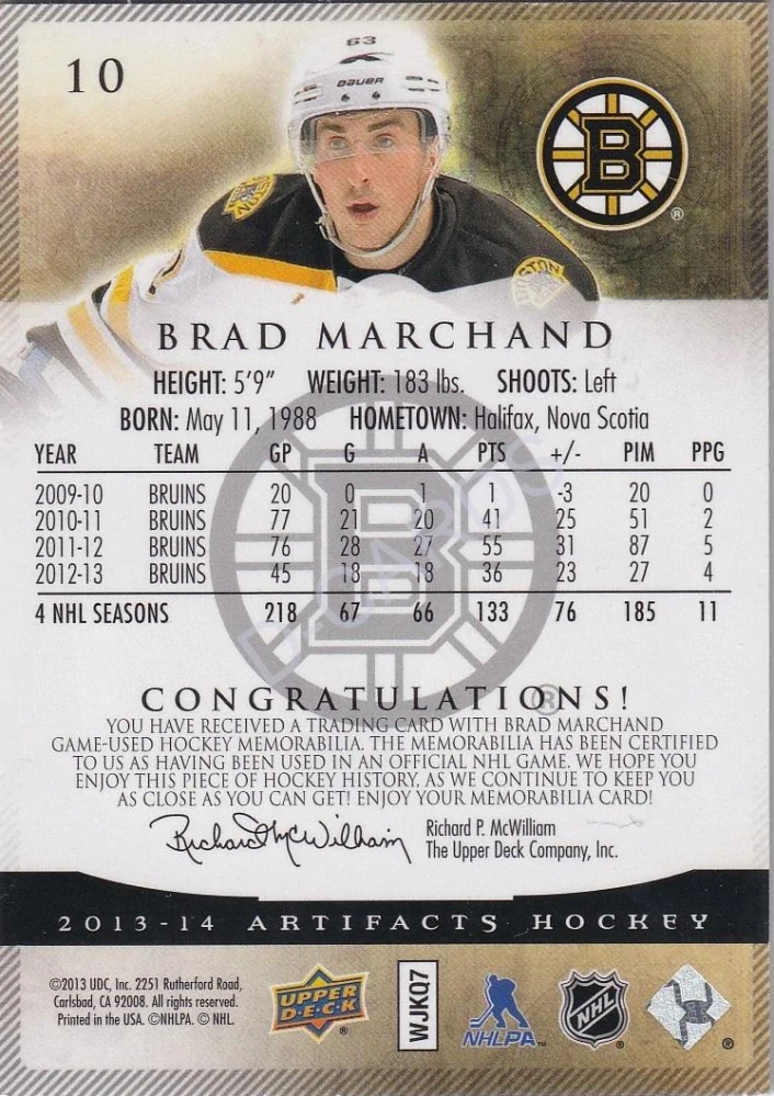 2013-14 Artifacts Jerseys #10 Brad Marchand (Limit 018/125)