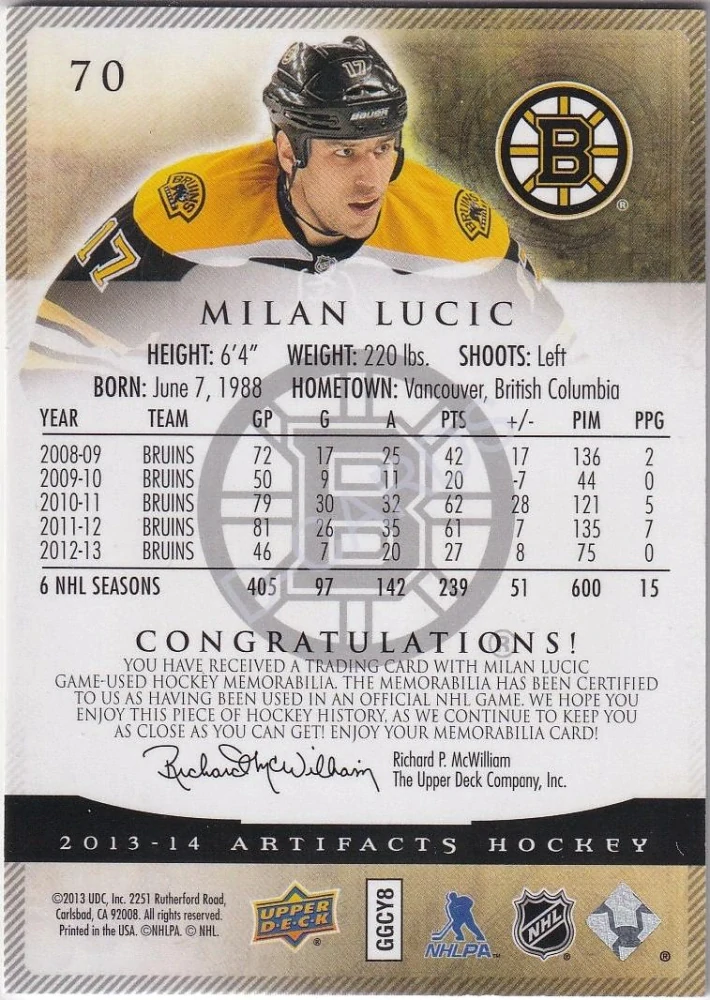2013-14 Artifacts Jerseys #70 Milan Lucic (Limit 038/125)
