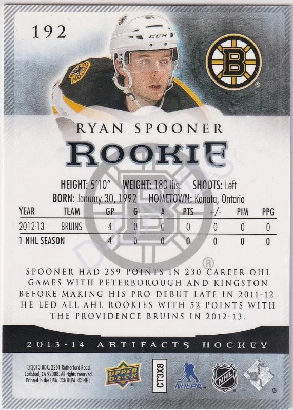 2013-14 Artifacts #192 Ryan Spooner RC (Limit 318/999)
