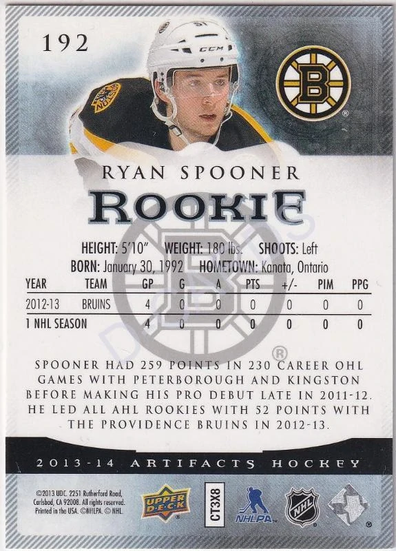2013-14 Artifacts Ruby #192 Ryan Spooner RC (Limit 206/299)