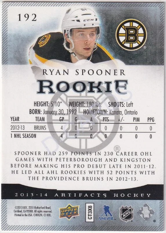 2013-14 Artifacts Emerald #192 Ryan Spooner RC (Limit 24/99)