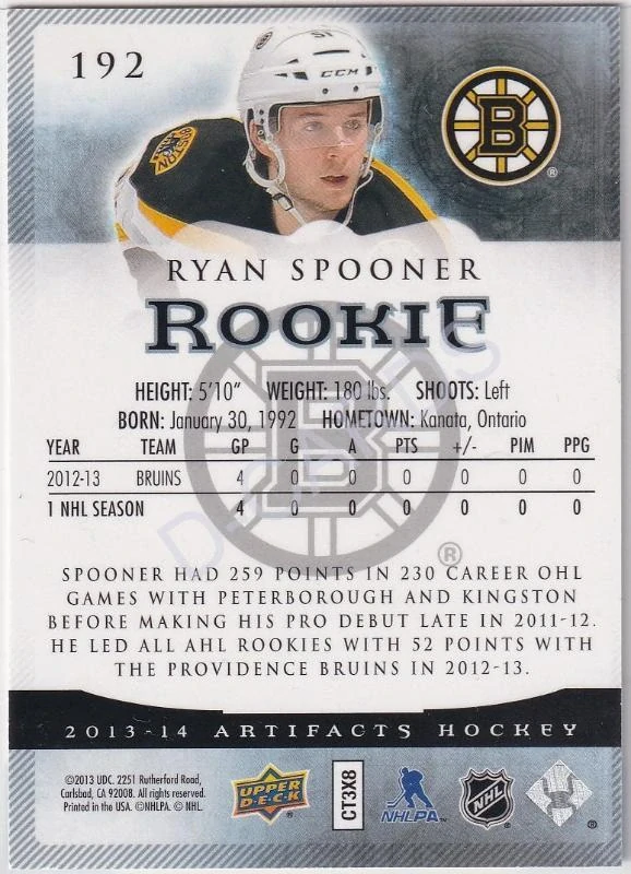 2013-14 Artifacts Sapphire #192 Ryan Spooner RC (Limit 54/85)