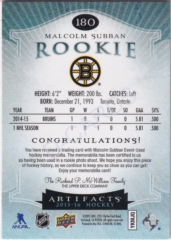 2015-16 Artifacts Jerseys #180 Malcolm Subban RC