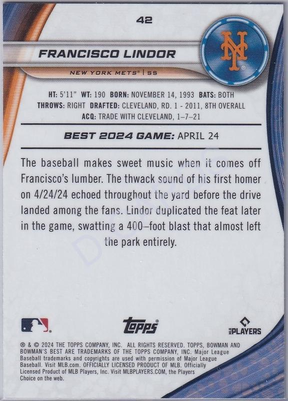 2024 Bowman's Best Aqua Lava Refractors #42 Francisco Lindor (Limit 002/199)
