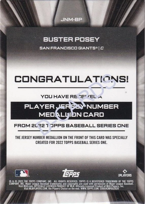 2022 Topps Commemorative Player Jersey Number Medallions #JNMBP Buster Posey