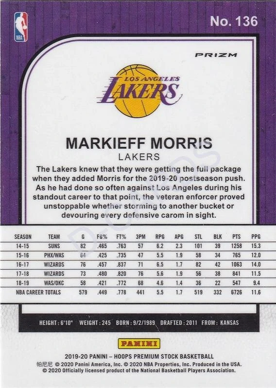 2019-20 Hoops Premium Stock Prizms Silver #136 Markieff Morris