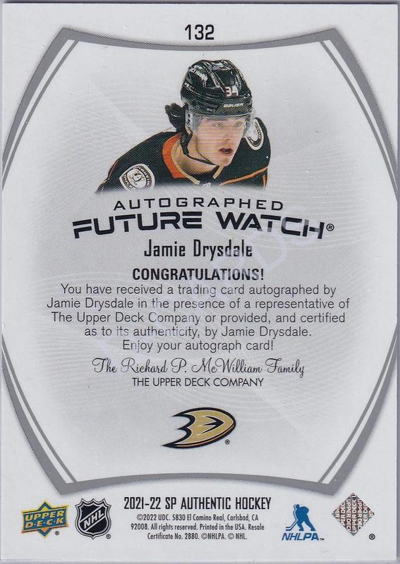 2021-22 SP Authentic #132 Jamie Drysdale FW Autograph RC (Limit 518/999)