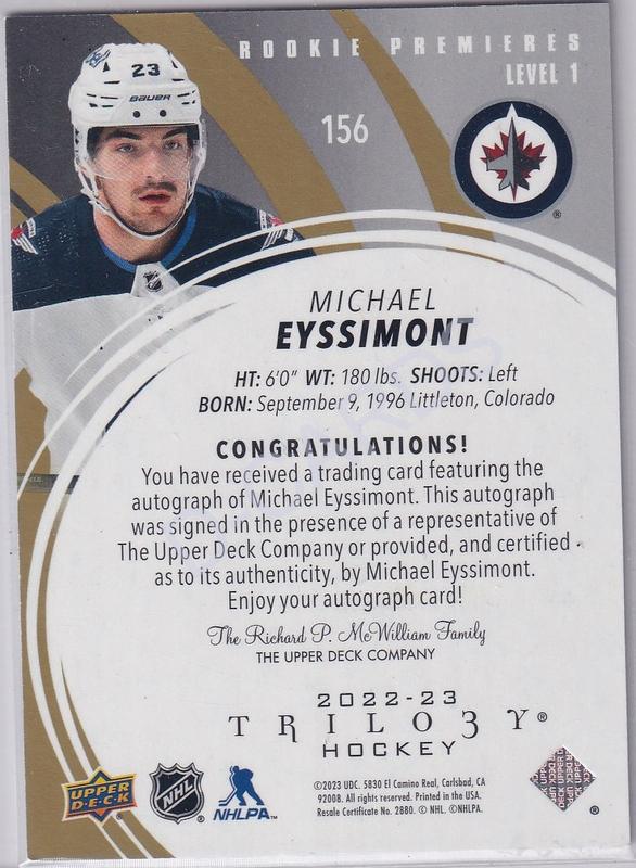  2022-23 Upper Deck Trilogy Gold #156 Michael Eyssimont Auto (Limit 040/149)