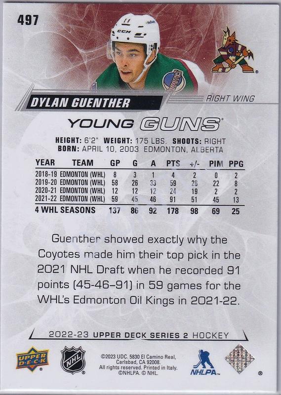 2022-23 Upper Deck #497 Dylan Guenther Young Guns RC