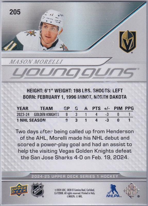 2024-25 Upper Deck #205 Mason Morelli Young Guns RC