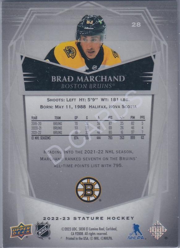  2022-23 Upper Deck Stature Design Variant #28 Brad Marchand (Limit 08/65)