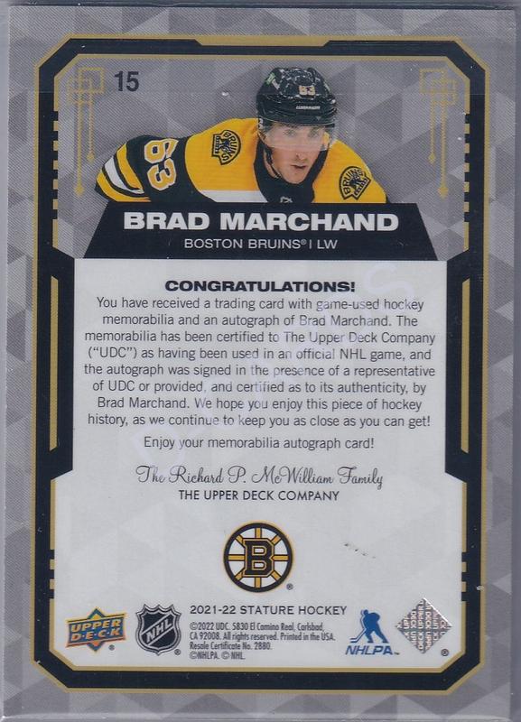 2021-22 Upper Deck Stature Design Variant Material Autographs Red #15 Brad Marchand (Limit 5/6)