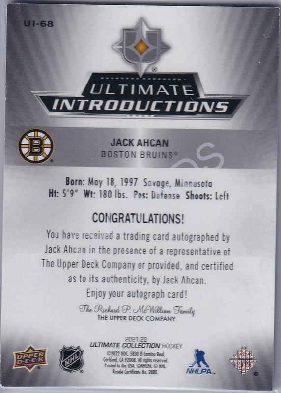 2021-22 Ultimate Collection Ultimate Introductions Autographs #UI68 Jack Ahcan