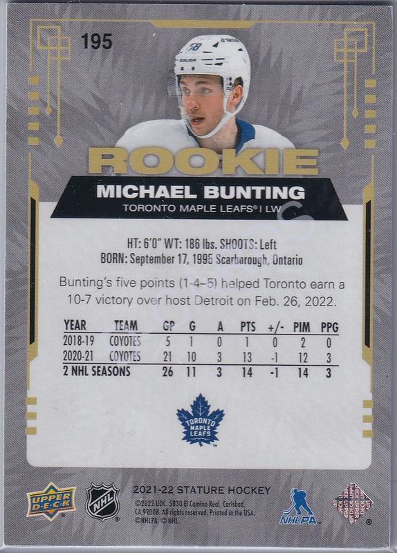  2021-22 Upper Deck Stature Blue #195 Michael Bunting RC (Limit 21/35)