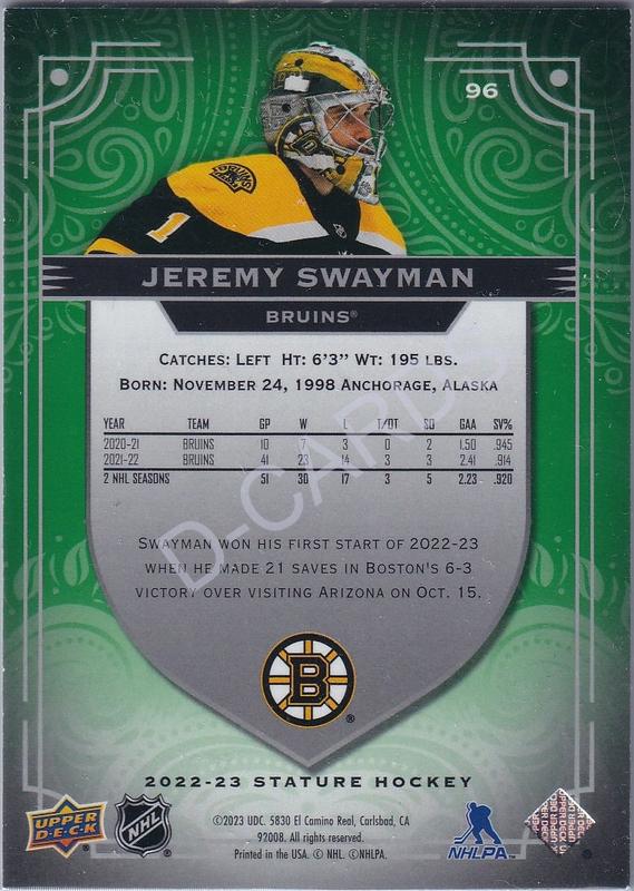  2022-23 Upper Deck Stature Green #96 Jeremy Swayman (Limit 53/99)