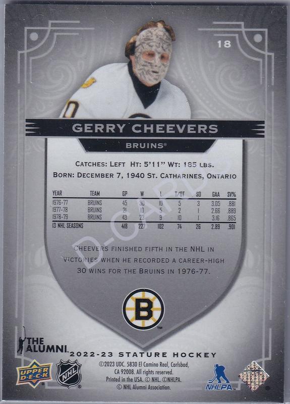  2022-23 Upper Deck Stature Photo Variant #18 Gerry Cheevers (Limit 21/99)