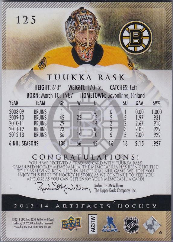  2013-14 Artifacts Jerseys Patch Spectrum #125 Tuukka Rask (Limit 07/15)