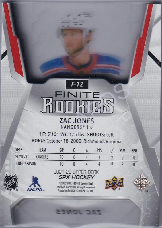 2021-22 SPx Finite Rookies Gold #F12 Zac Jones RC (Limit 167/299)