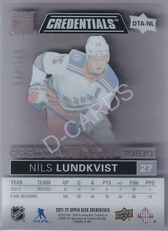  2021-22 Upper Deck Credentials Debut Ticket Access Acetate #DTANL Nils Lundkvist RC (Limit 194/249)