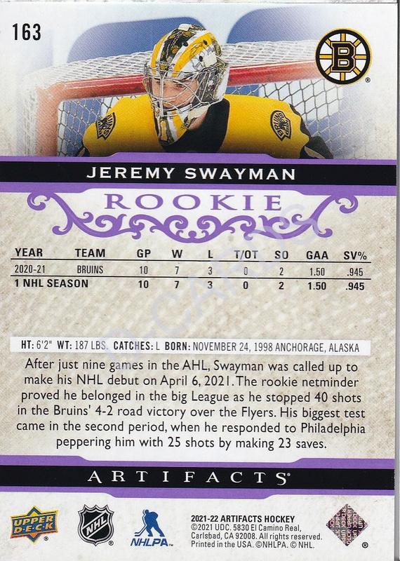 2021-22 Artifacts #163 Jeremy Swayman RC (Limit 21/25)