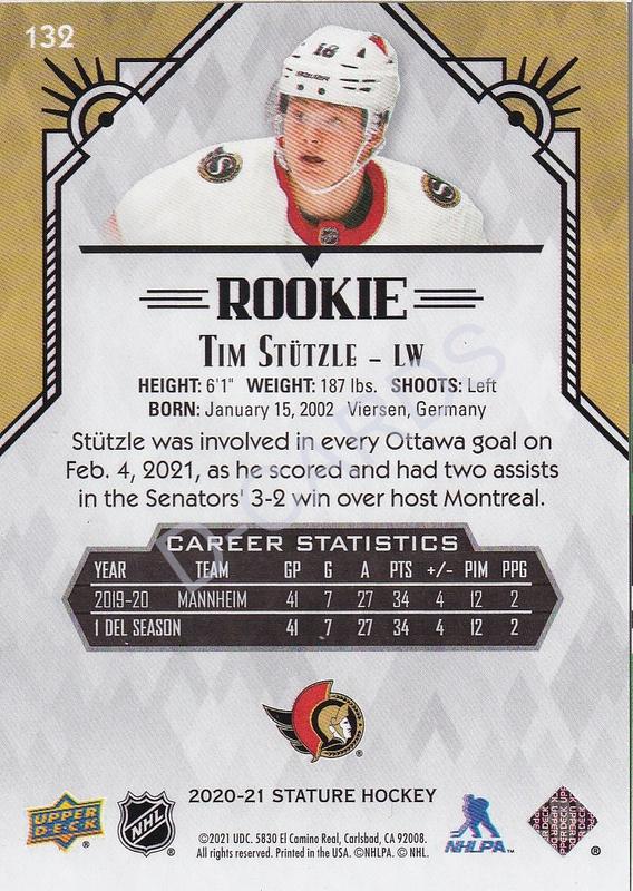  2020-21 Upper Deck Stature #132 Tim Stutzle RC (Limit 158/399)