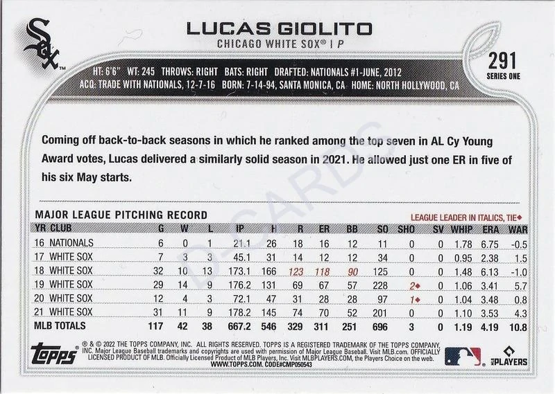 2022 Topps Rainbow Foil #291 Lucas Giolito
