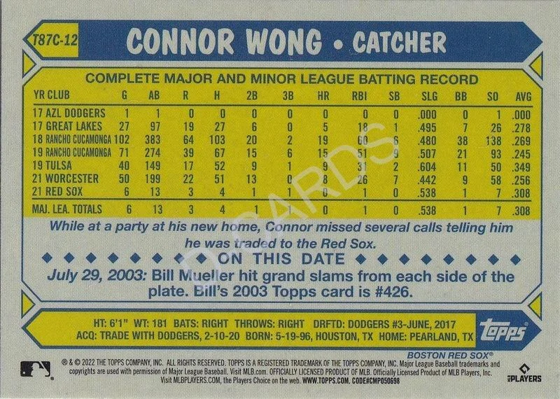 2022 Topps '87 Topps Silver Pack Chrome #T87C12 Connor Wong RC
