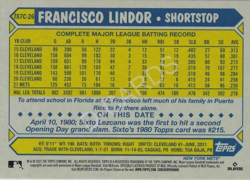 2022 Topps '87 Topps Silver Pack Chrome #T87C26 Francisco Lindor
