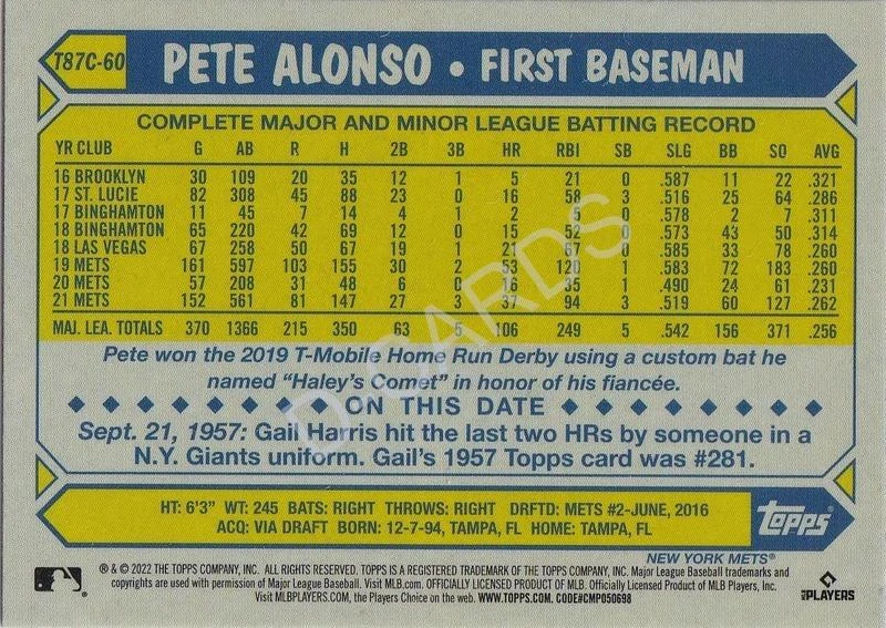 2022 Topps '87 Topps Silver Pack Chrome #T87C60 Pete Alonso