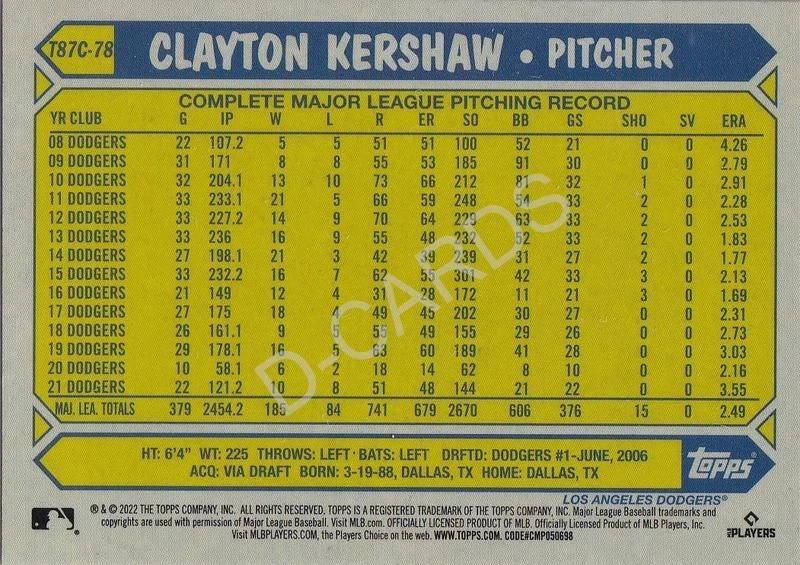 2022 Topps '87 Topps Silver Pack Chrome #T87C78 Clayton Kershaw