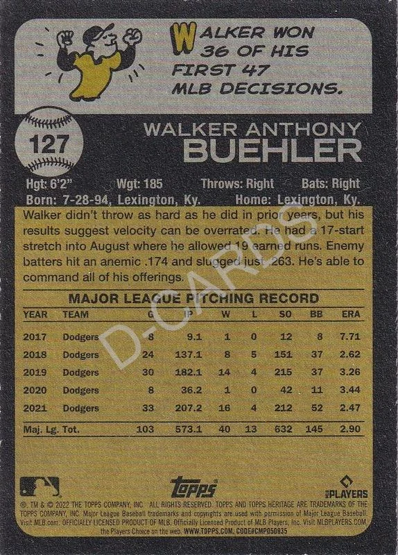 2022 Topps Heritage Chrome Purple Refractors #127 Walker Buehler