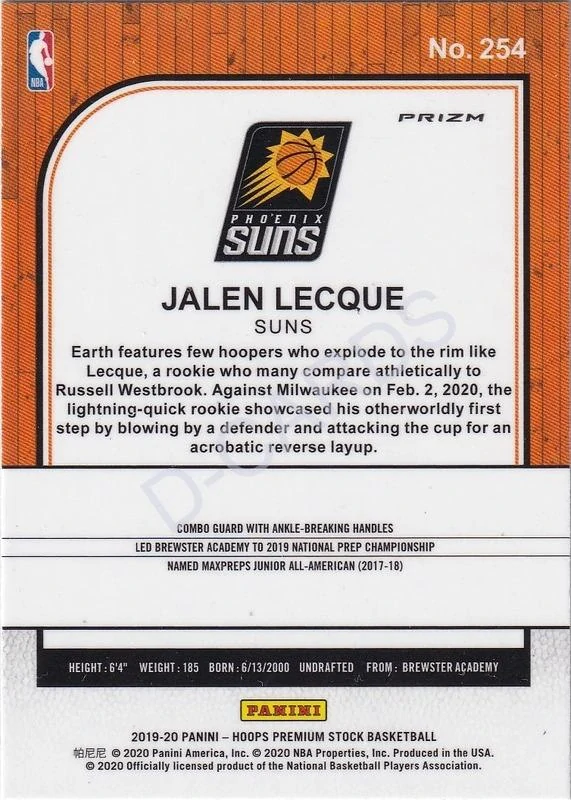 2019-20 Hoops Premium Stock Prizms Blue Cracked Ice #254 Jalen Lecque