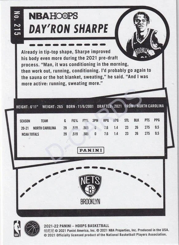 2021-22 Hoops #215 Day'Ron Sharpe RC