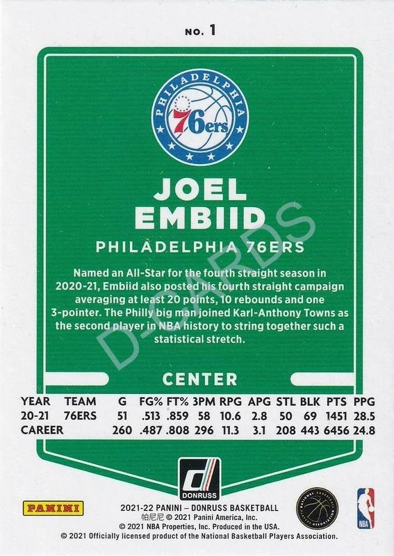 2021-22 Donruss Holo Orange Laser #1 Joel Embiid