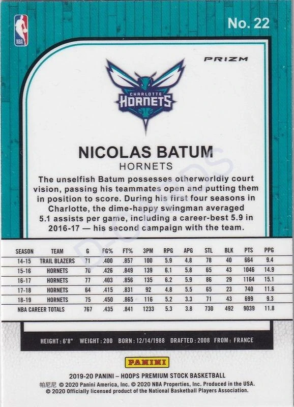 2019-20 Hoops Premium Stock Prizms Blue Cracked Ice #22 Nicolas Batum