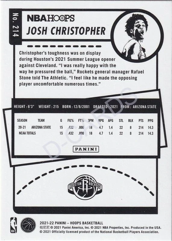 2021-22 Hoops #214 Josh Christopher RC