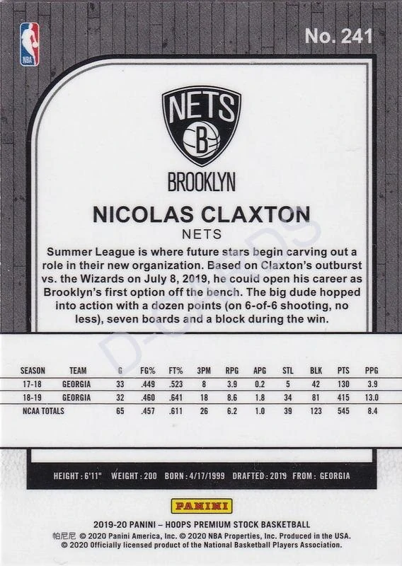 2019-20 Hoops Premium Stock #241 Nicolas Claxton RC