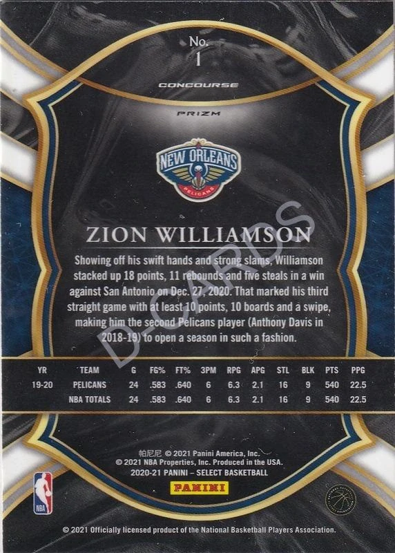 2020-21 Select Prizms Green White Purple #1 Zion Williamson