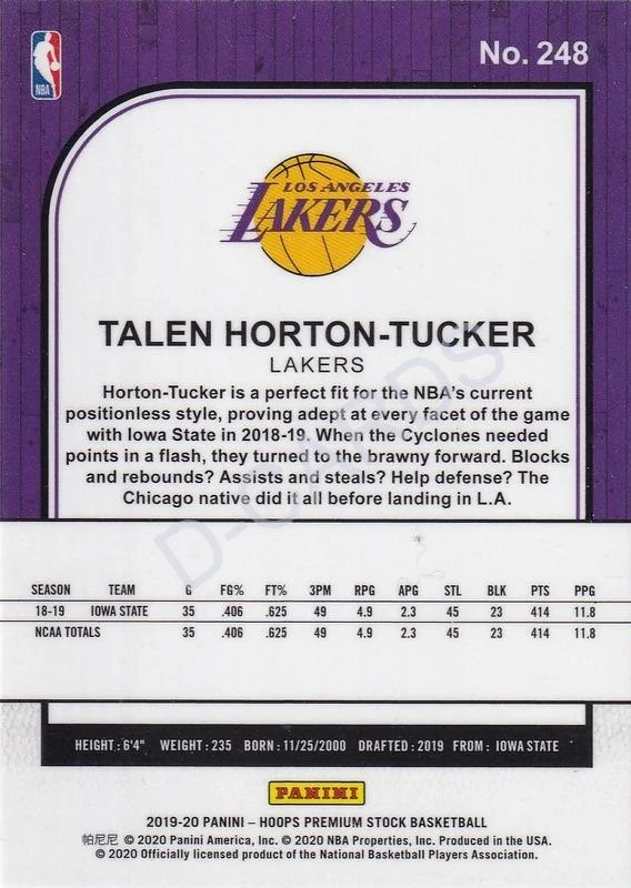 2019-20 Hoops Premium Stock #248 Talen Horton-Tucker RC